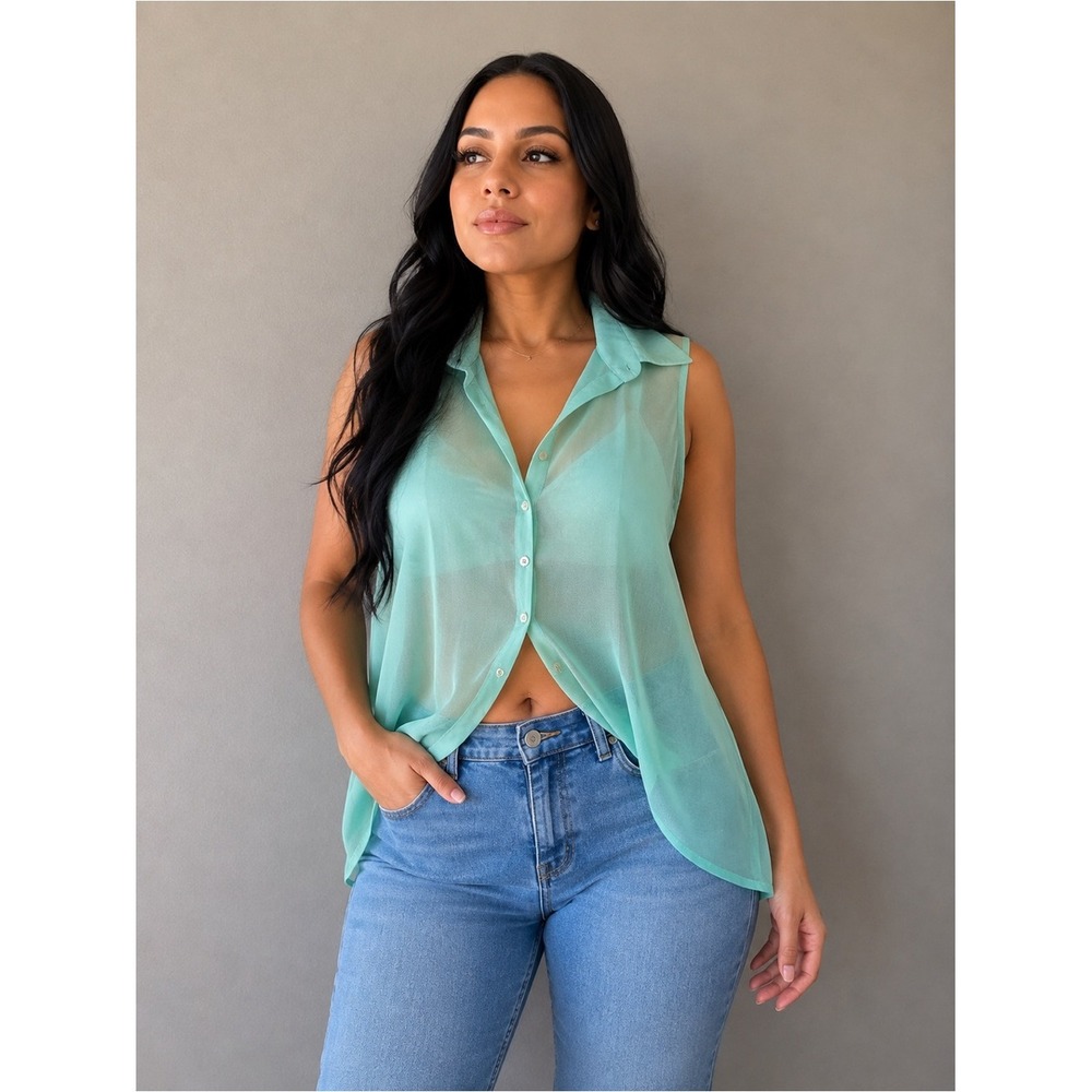 Aeropostale Sheer Button Down Top Sleeveless Blouse Collared Green M